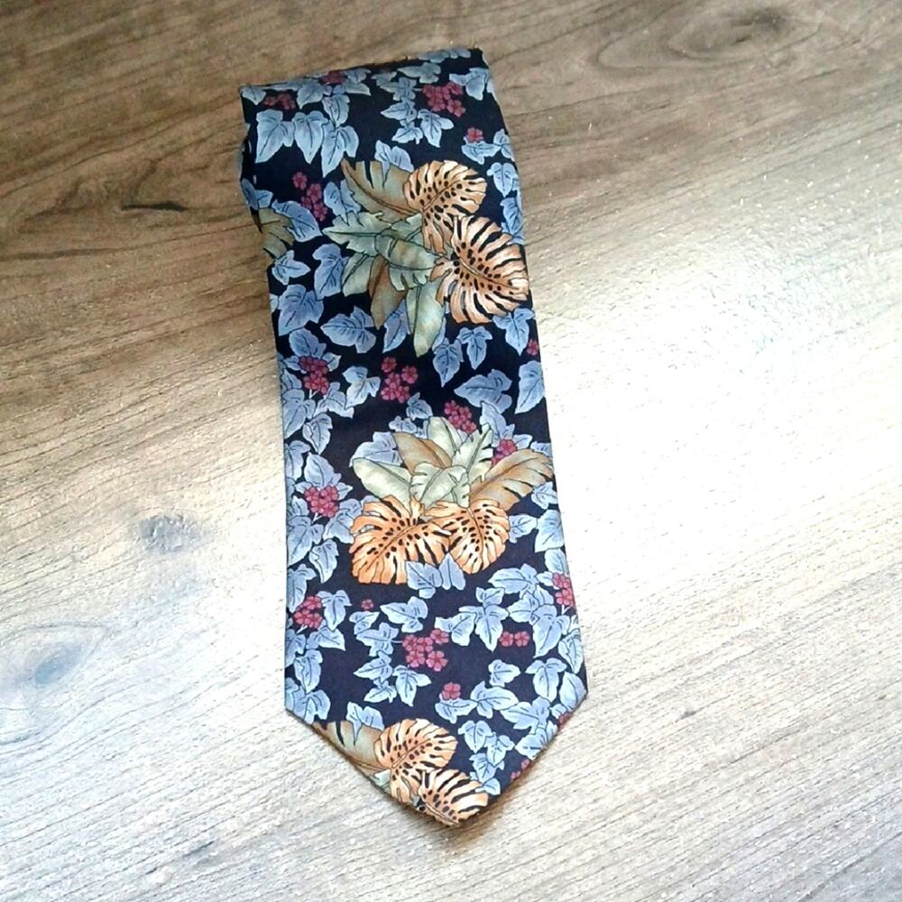 Vintage Salvatori Blue Floral Silk Tie Palm Print